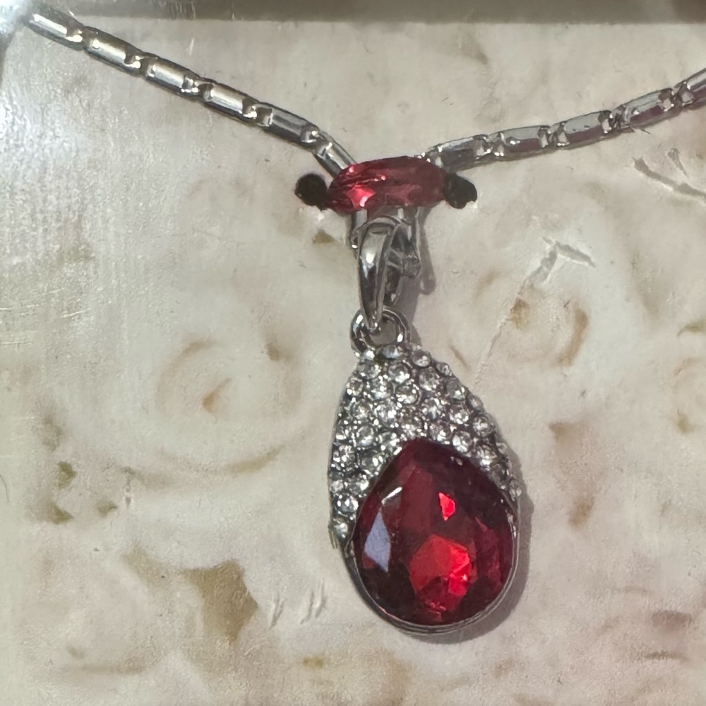 Crystal Crusted Red Rhinestone Teardrop Necklace